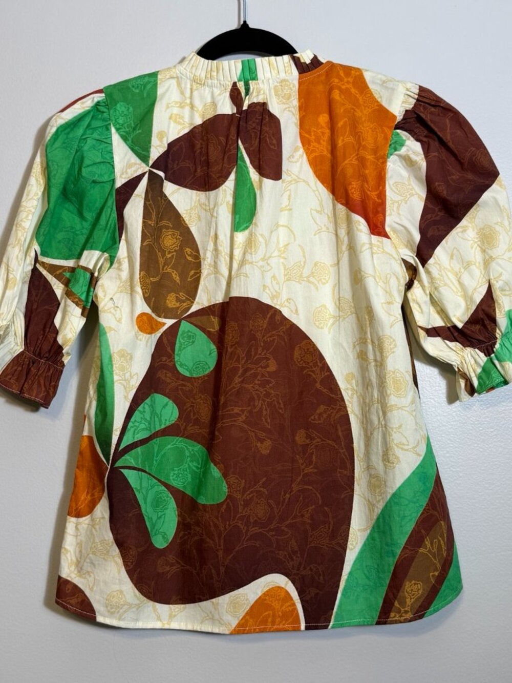 Abstract Cotton Blouse XS Puff Sleeve Boho Artsy Top - Picture 5 of 10
